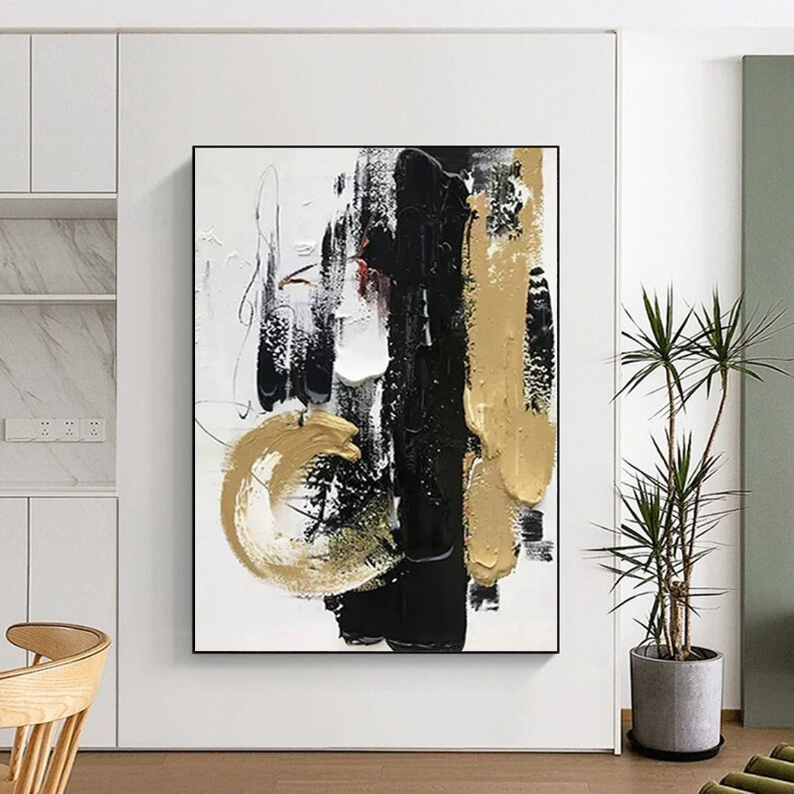 “Dynamic Black - Gold Abstract Brushstrokes” - Expressive Abstract Painting On Canvas PS0278