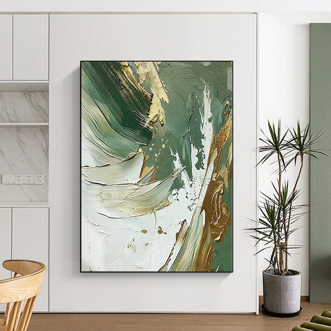 “Green - Gold - White Abstract” - Nature - Inspired Abstract Painting On Canvas PS0088
