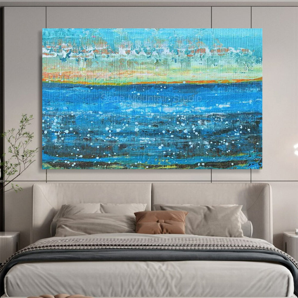 “Blue Water with White Dots and Colorful Shore” - Impressionist Maritime - Painting On Canvas PT1794