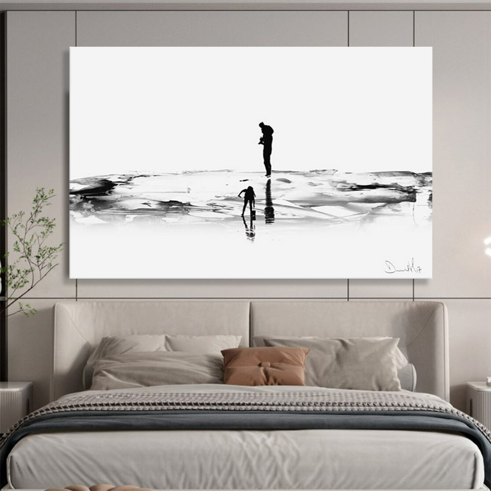 “Black and White Silhouette Beach Scene” - Monochromatic Figurative Painting On Canvas PT114