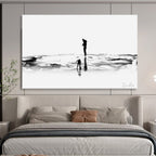 “Black and White Silhouette Beach Scene” - Monochromatic Figurative Painting On Canvas PT114