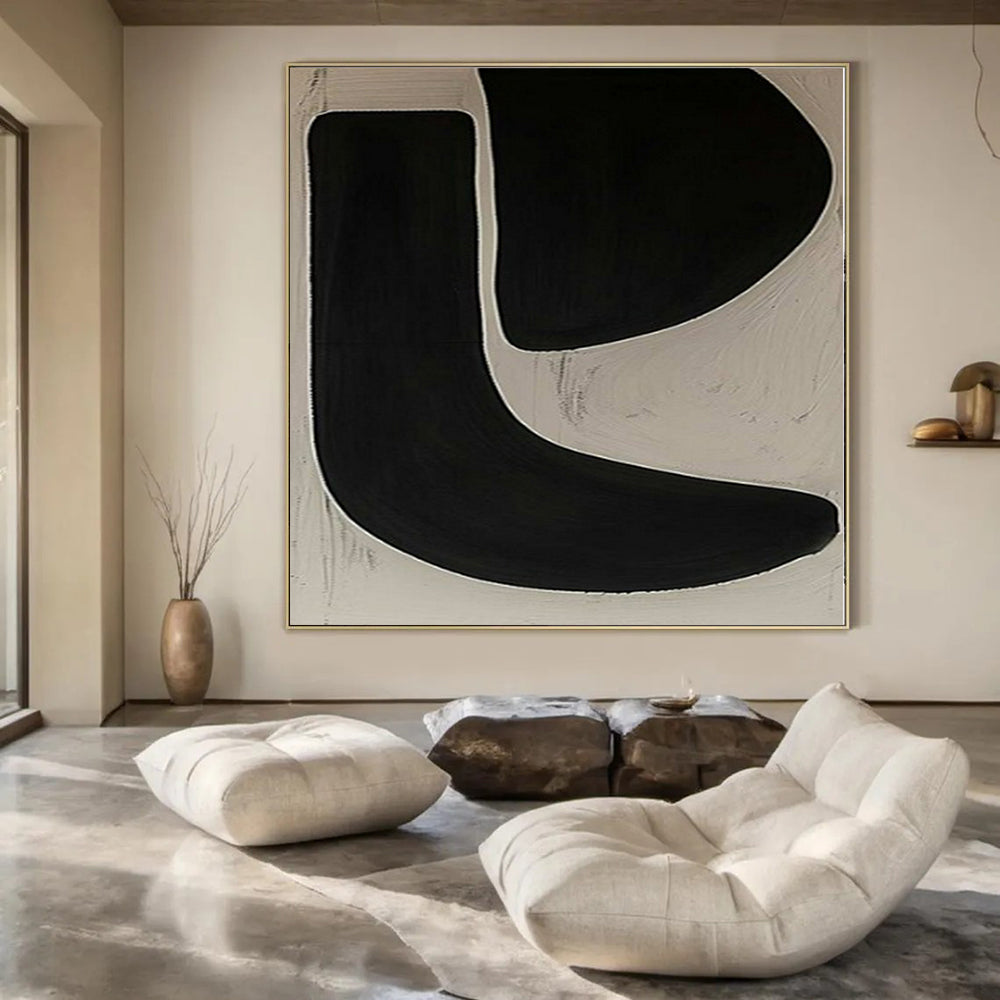 Black and White with Bold Curved Forms "Monochrome Flow" Abstract Painting On Canvas PS1106