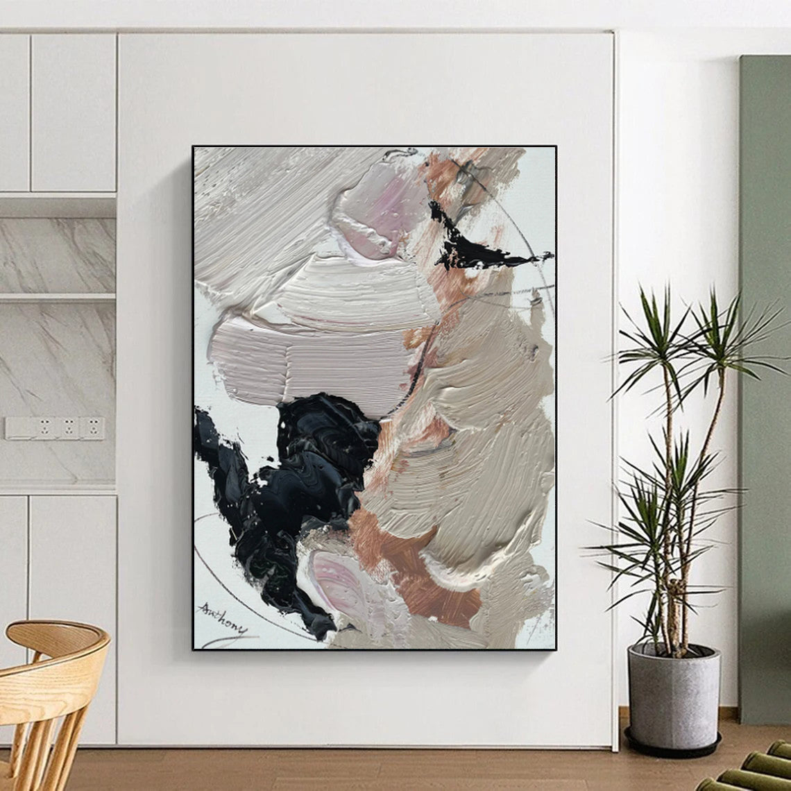 “Beige - Black - Pink Gentle Abstraction” - Beige, Black, Pink, White Abstract Painting On Canvas PS0512