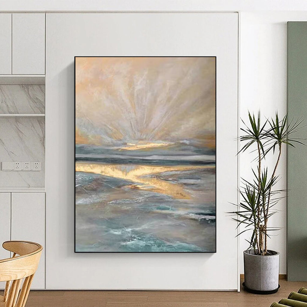“Ethereal Coastal Glow - Soft Tones & Golden Reflections” Painting On Canvas DS264