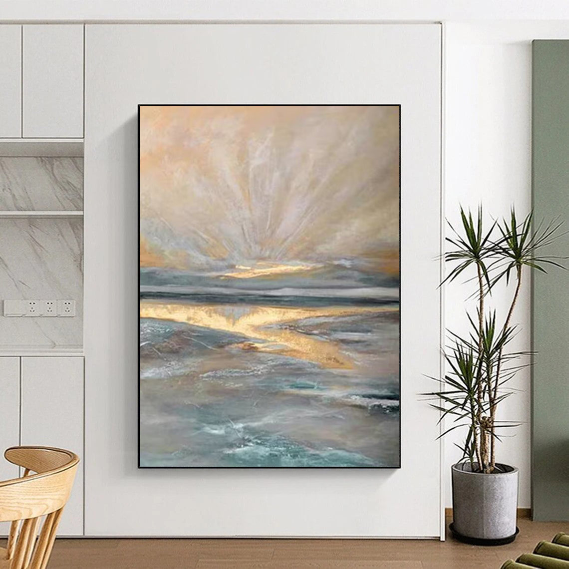 “Ethereal Coastal Glow - Soft Tones & Golden Reflections” Painting On Canvas DS264