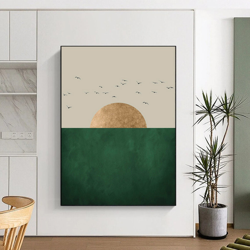 “Minimalist Sun, Sea, and Birds” - Minimalist Landscape Painting On Canvas PT1921