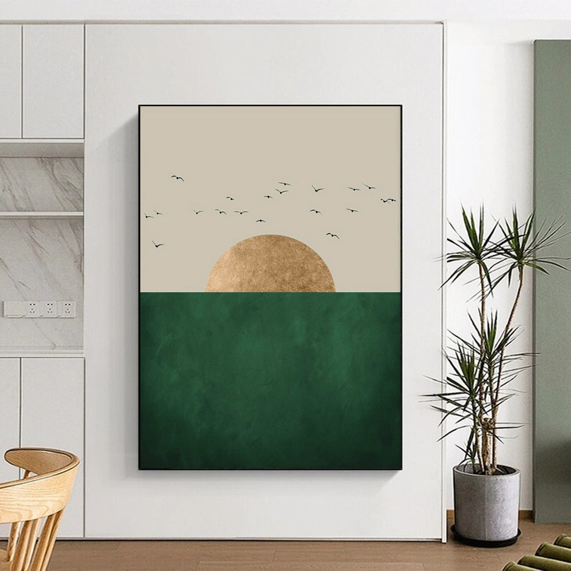 “Minimalist Sun, Sea, and Birds” - Minimalist Landscape Painting On Canvas PT1921