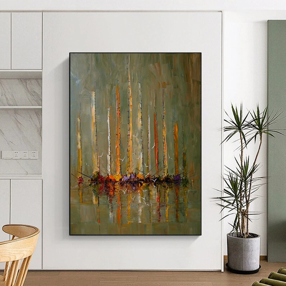 “Green, Yellow, and Orange Sailboat Reflection” - Impressionistic Maritime Painting On Canvas DS330
