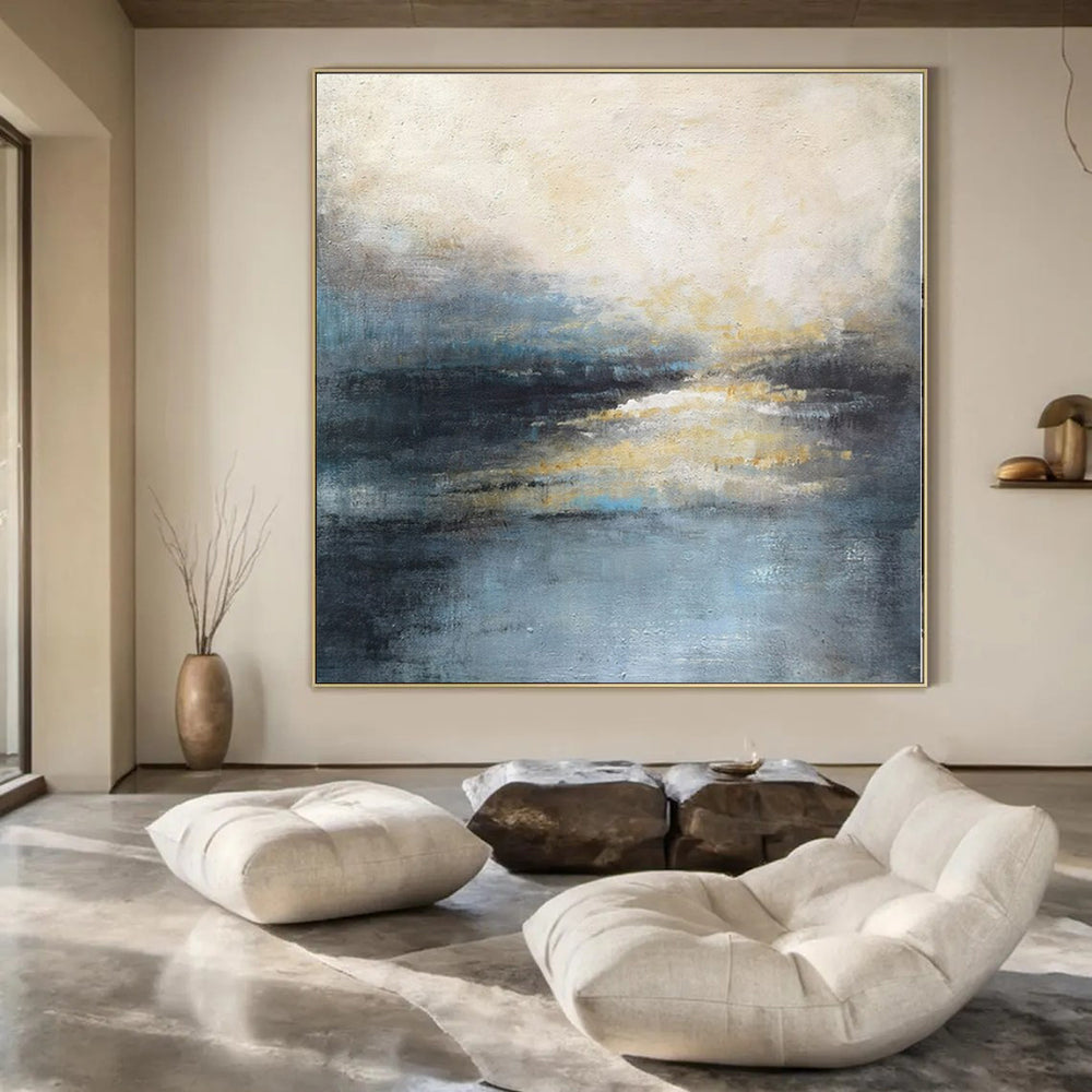 Blue, Gray, Beige and Yellow with Subtle Light Reflections "Twilight Resonance" Abstract Landscape Painting On Canvas PS1164