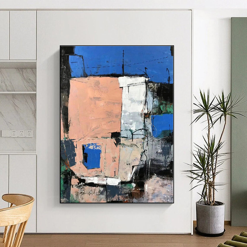 “Blue - Peach Urban Geometry” - Blue, Peach, Gray Abstract Painting On Canvas PS0468