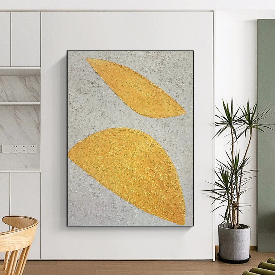 “Golden Leaf Simplicity” - Yellow and Grey Abstract Painting On Canvas PT1074