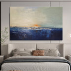 Sunset on Blue: Blue, Gray & Orange Abstract Landscape Painting for Beach House & Art - Inspired Library DKS650