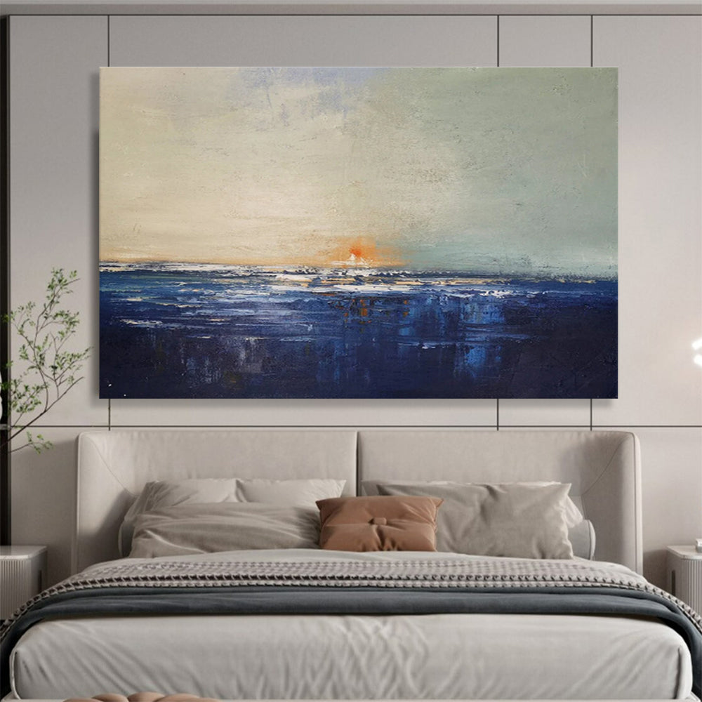 Sunset on Blue: Blue, Gray & Orange Abstract Landscape Painting for Beach House & Art - Inspired Library DKS650