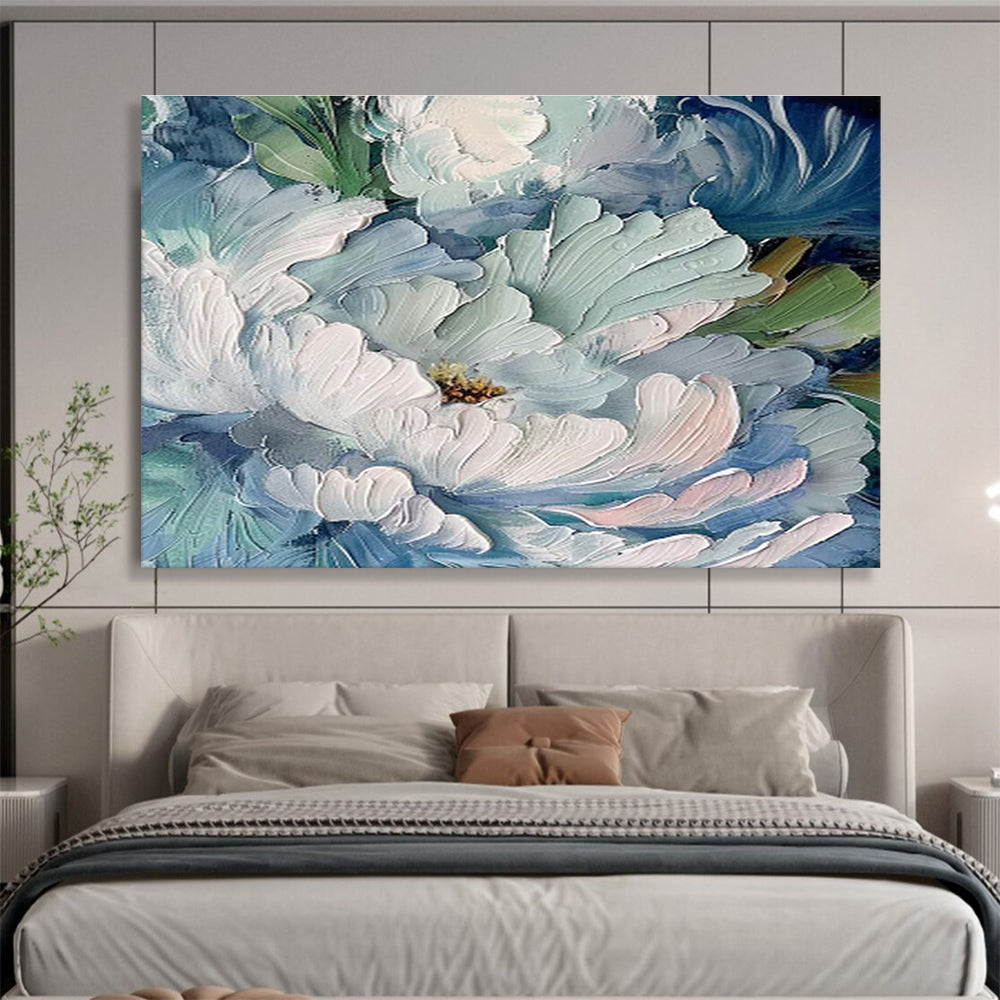 Aqua Peonies - Textured Floral Oil Painting, Ideal for Bathroom & Sunroom DKS675