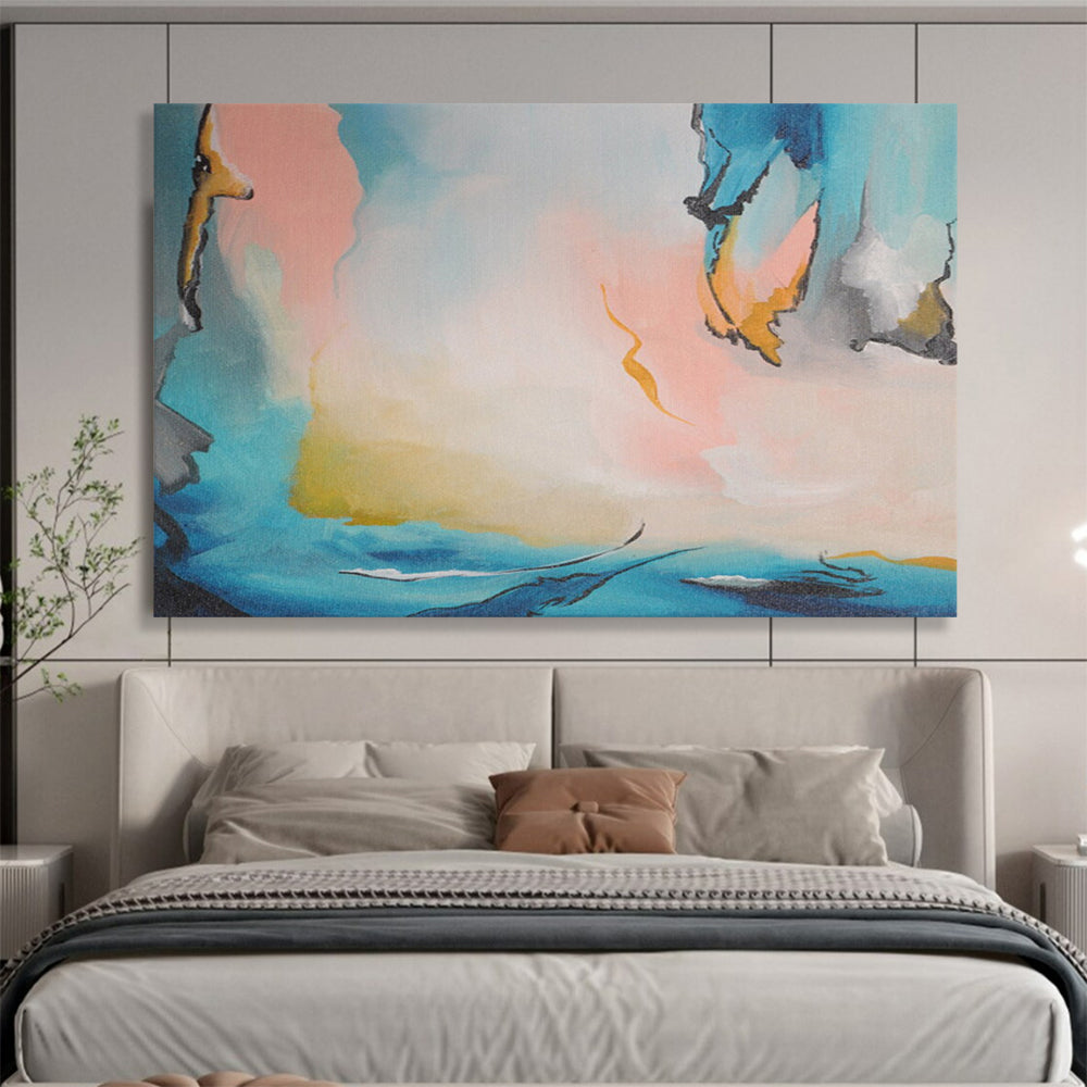 Blue, Pink & Yellow Fluid Abstract Painting On Canvas DKS021