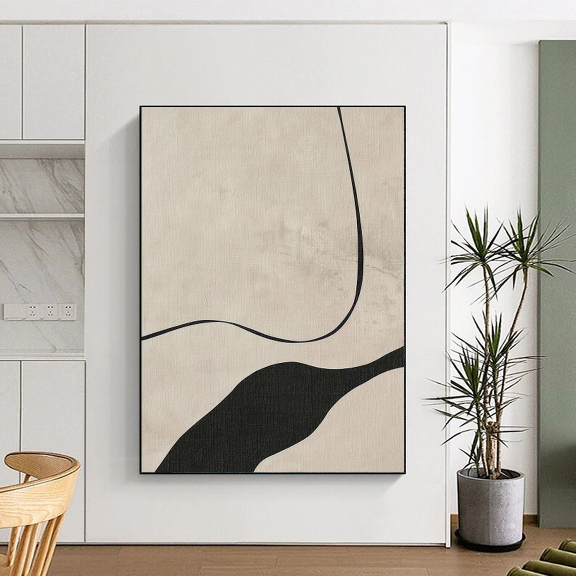 “Minimalist Black - White Curved Abstract” - Minimalist Abstract Painting On Canvas PS0264
