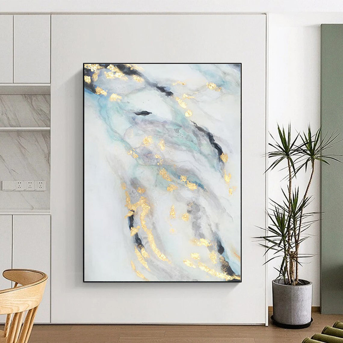 “Blue, Gray & Gold Flowing Shapes” - Abstract Painting On Canvas PS0428