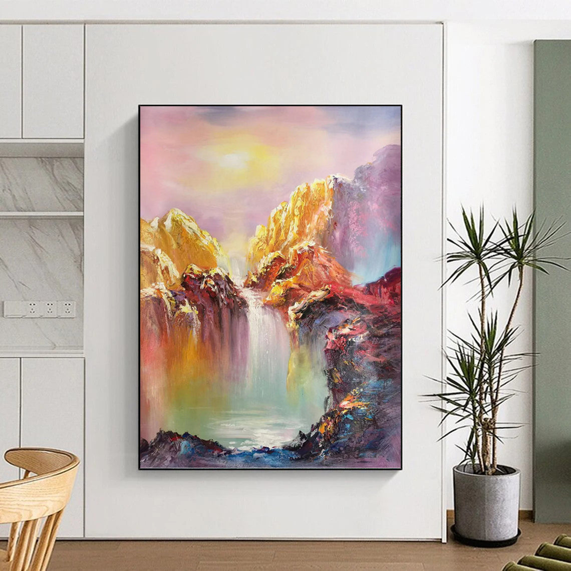 “Colorful Mountain Waterfall” - Expressionist Landscape Painting On Canvas PT1279
