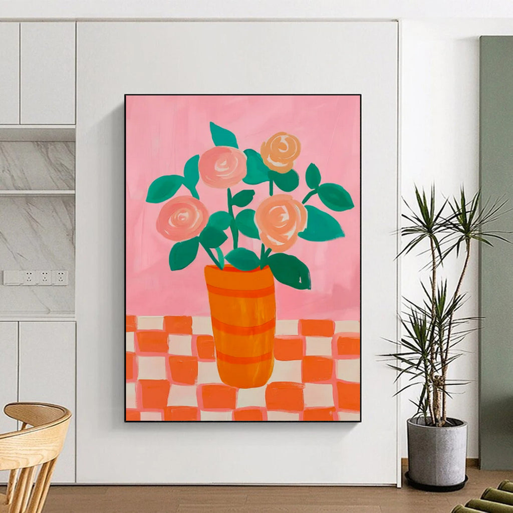 “Pink and Orange Floral Still - Life” - Pop Art - Inspired Painting On Canvas PT2258