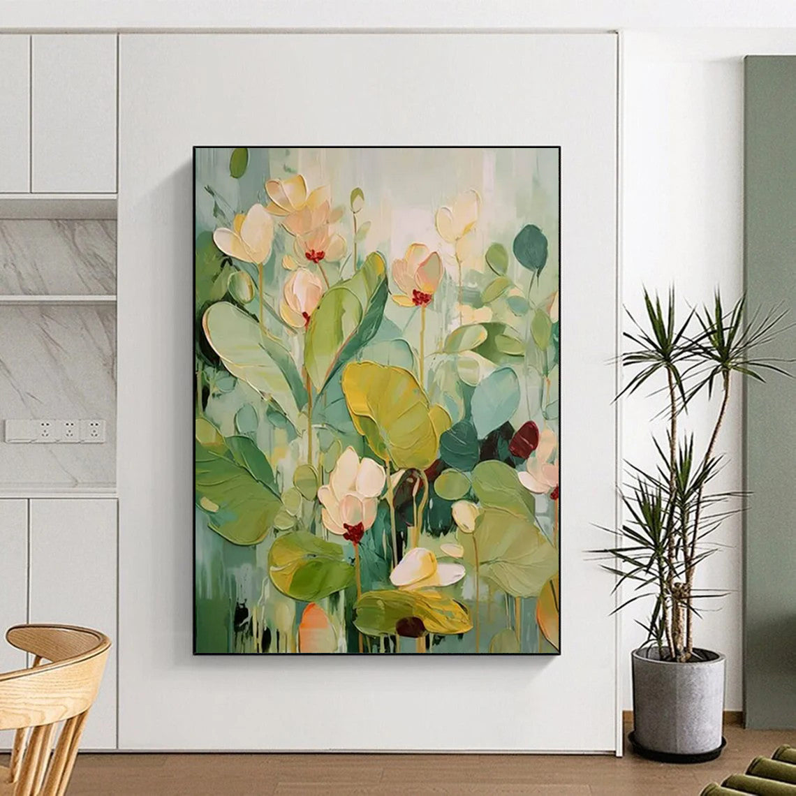 “Soft Green and White Florals” - Impasto Floral Painting On Canvas PT2236