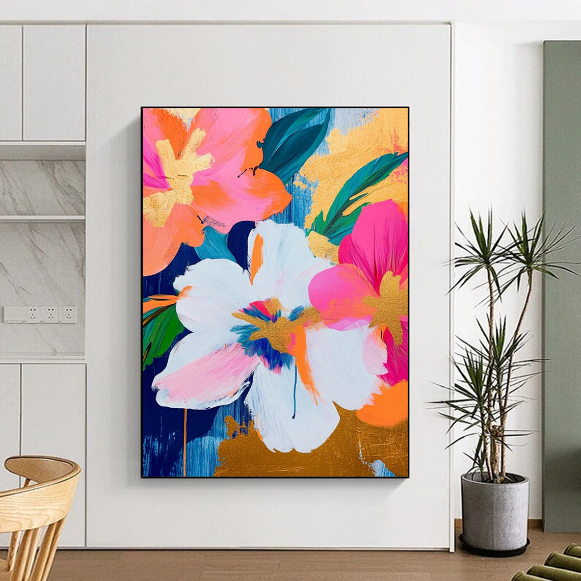 “Pink, Orange & Gold Floral” - Bold Floral Abstract Painting On Canvas DS284