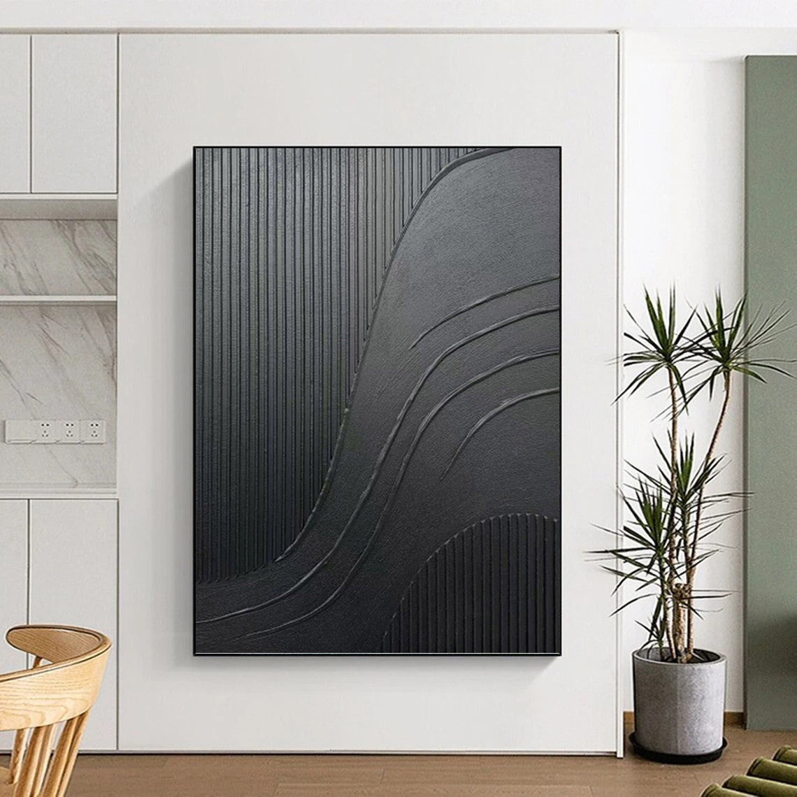 “Black Textured Curves & Lines” - Black, Minimalist Abstract Painting On Canvas PT1482