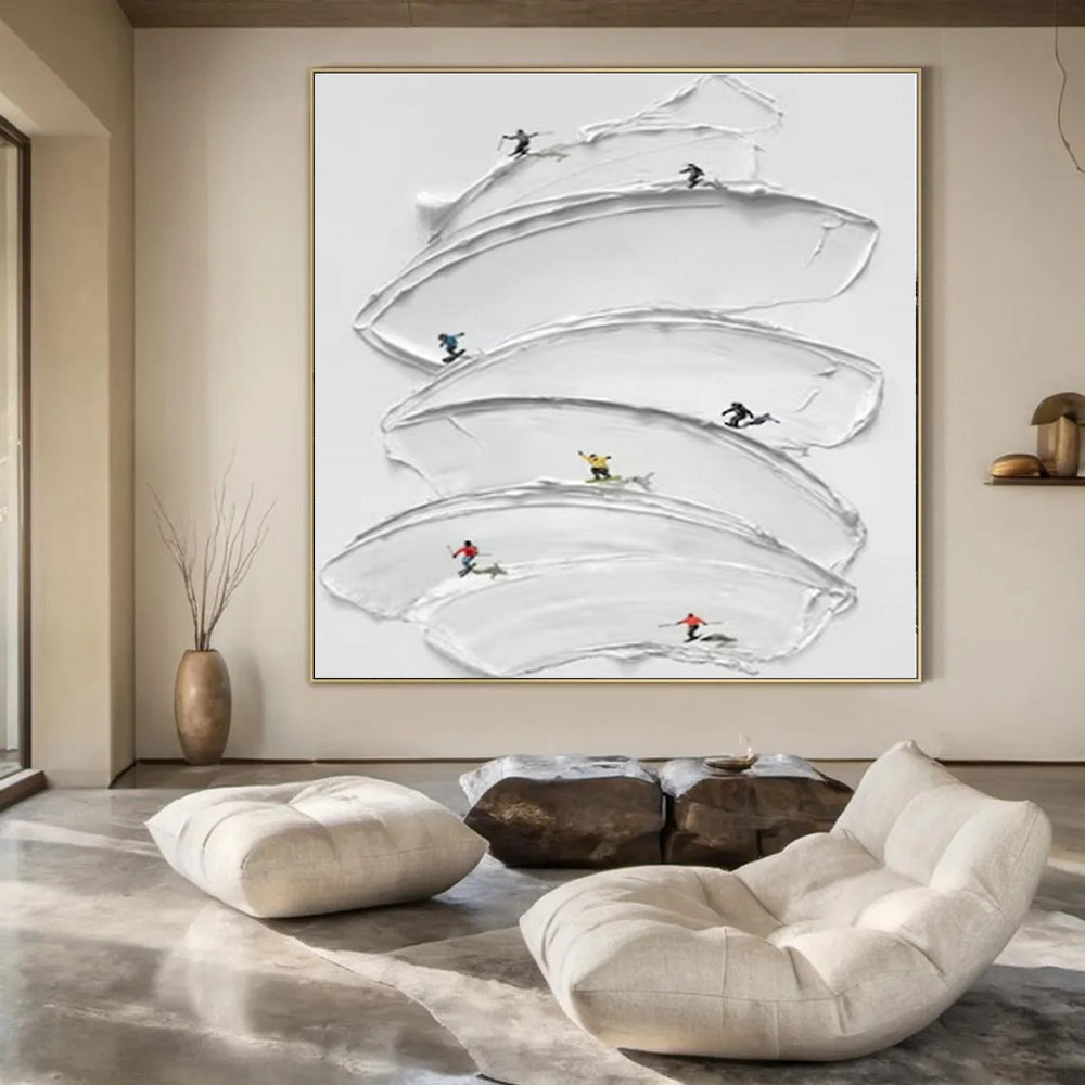 White with Mini Skiers "Snowy Slopes" Abstract Painting On Canvas PS1360