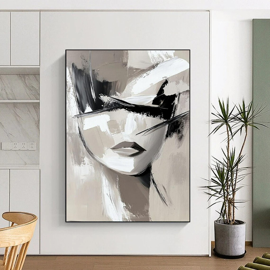 “Monochrome Abstract Face” - Minimalist Acrylic Painting On Canvas PT2193