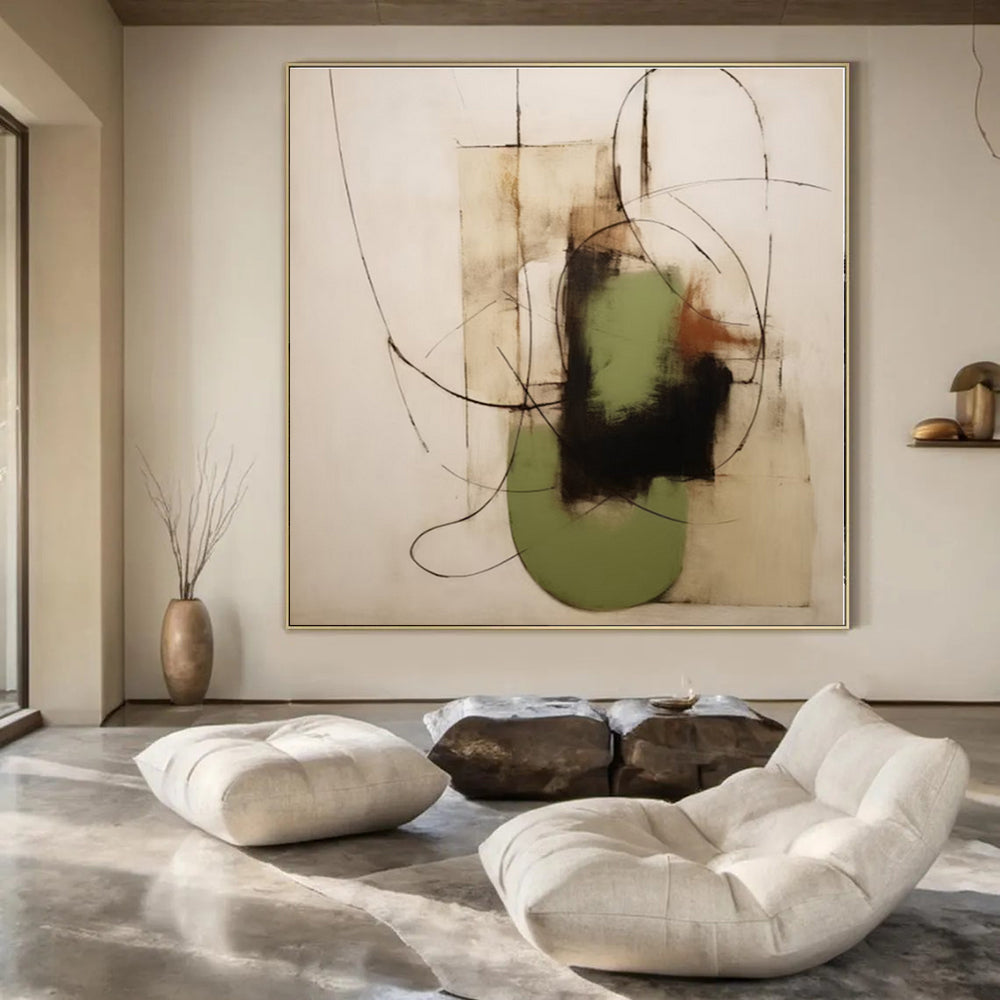 Black, Green, Beige with Curved Lines and Shapes "Organic Fusion" Abstract Painting On Canvas PS1294