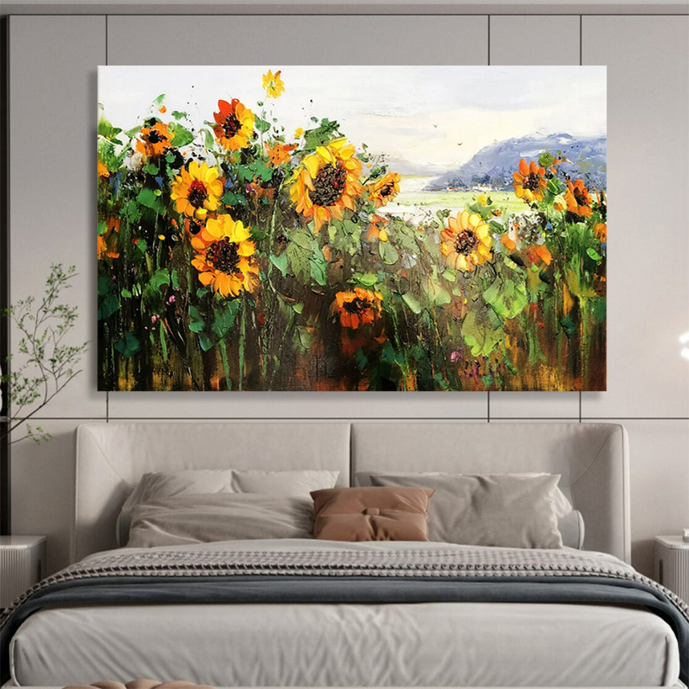 “Sunflower Field with Mountain View” - Impressionist Landscape - Painting On Canvas PT1760
