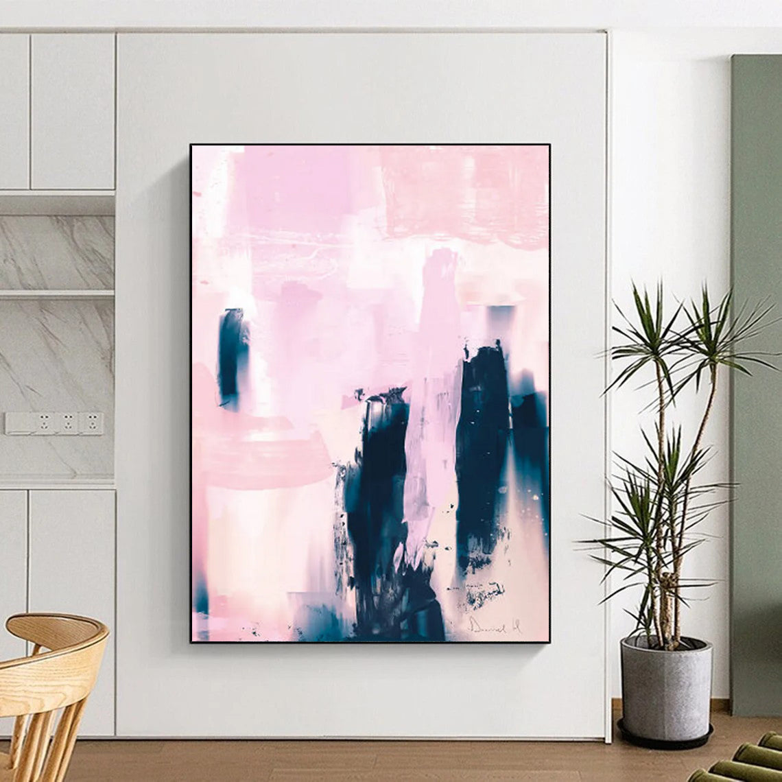 “Pink & Indigo Abstract Towers” - Soft Hues & Bold Forms Painting On Canvas DS179