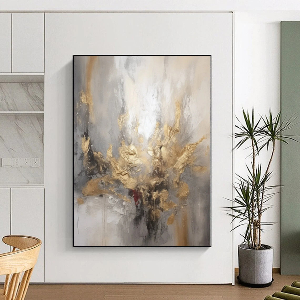 “Gray - Gold - Red Expressive Abstraction” - Gray, Gold, Red Abstract Painting On Canvas PS0540