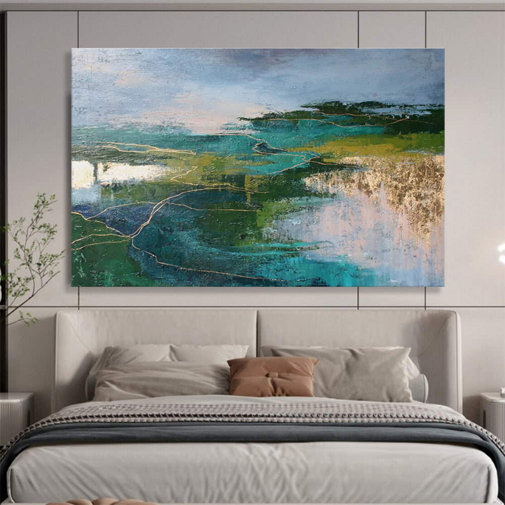 Teal and Green Abstract Landscape with Gold Lines Contemporary Abstract Painting On Canvas DKS127