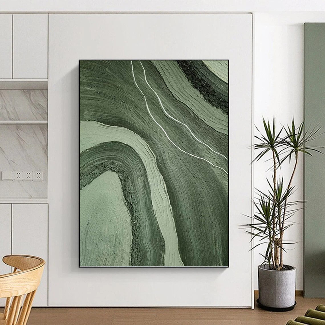 “Green & Gray Flowing Textures” - Green, Gray, Fluid Abstract Painting On Canvas PT1484