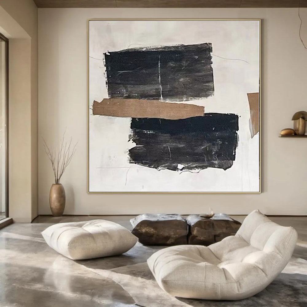 Black, Brown and White with Textured Collage Elements "Raw Fusion" Abstract Painting On Canvas PS1145
