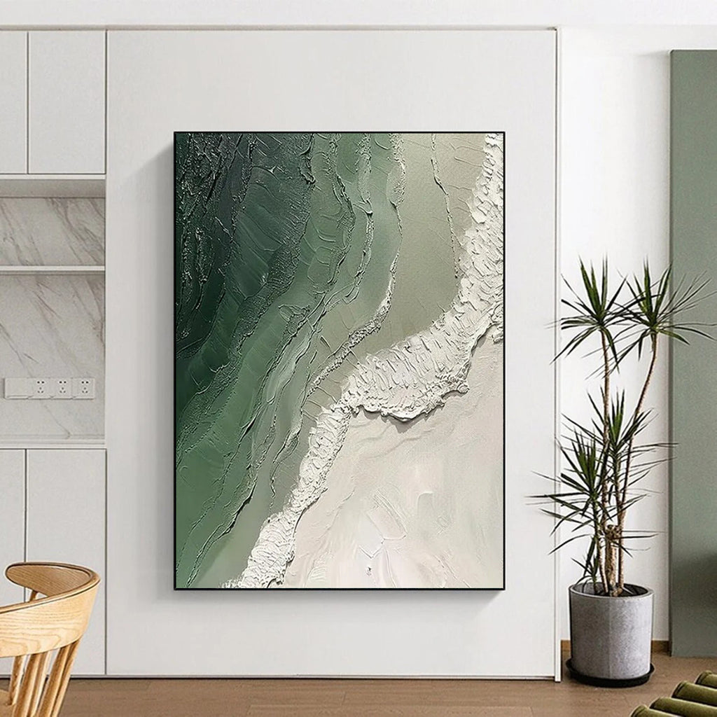“Green and White Textured Landscape” - Abstract Impasto Painting On Canvas PT2353