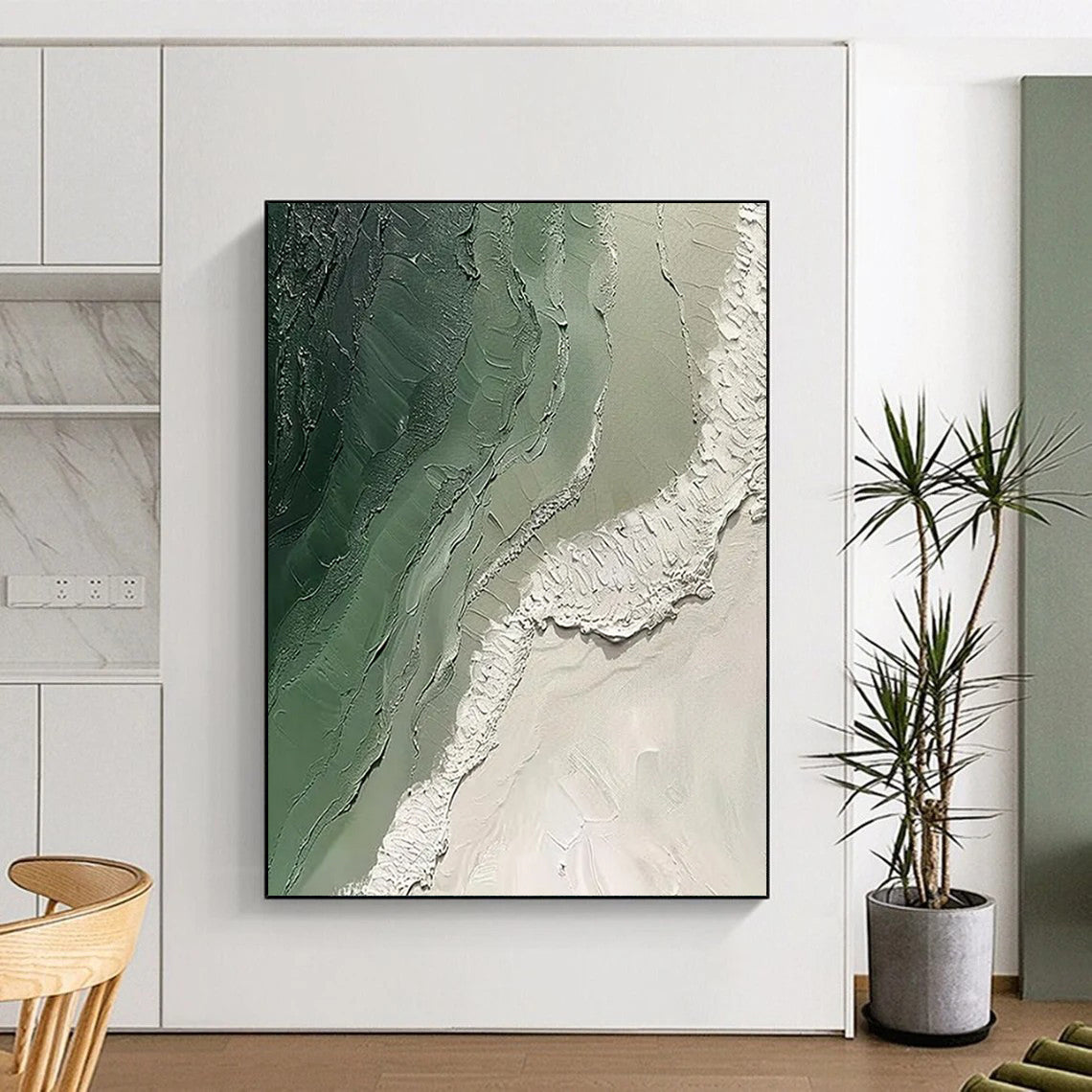 “Green and White Textured Landscape” - Abstract Impasto Painting On Canvas PT2353