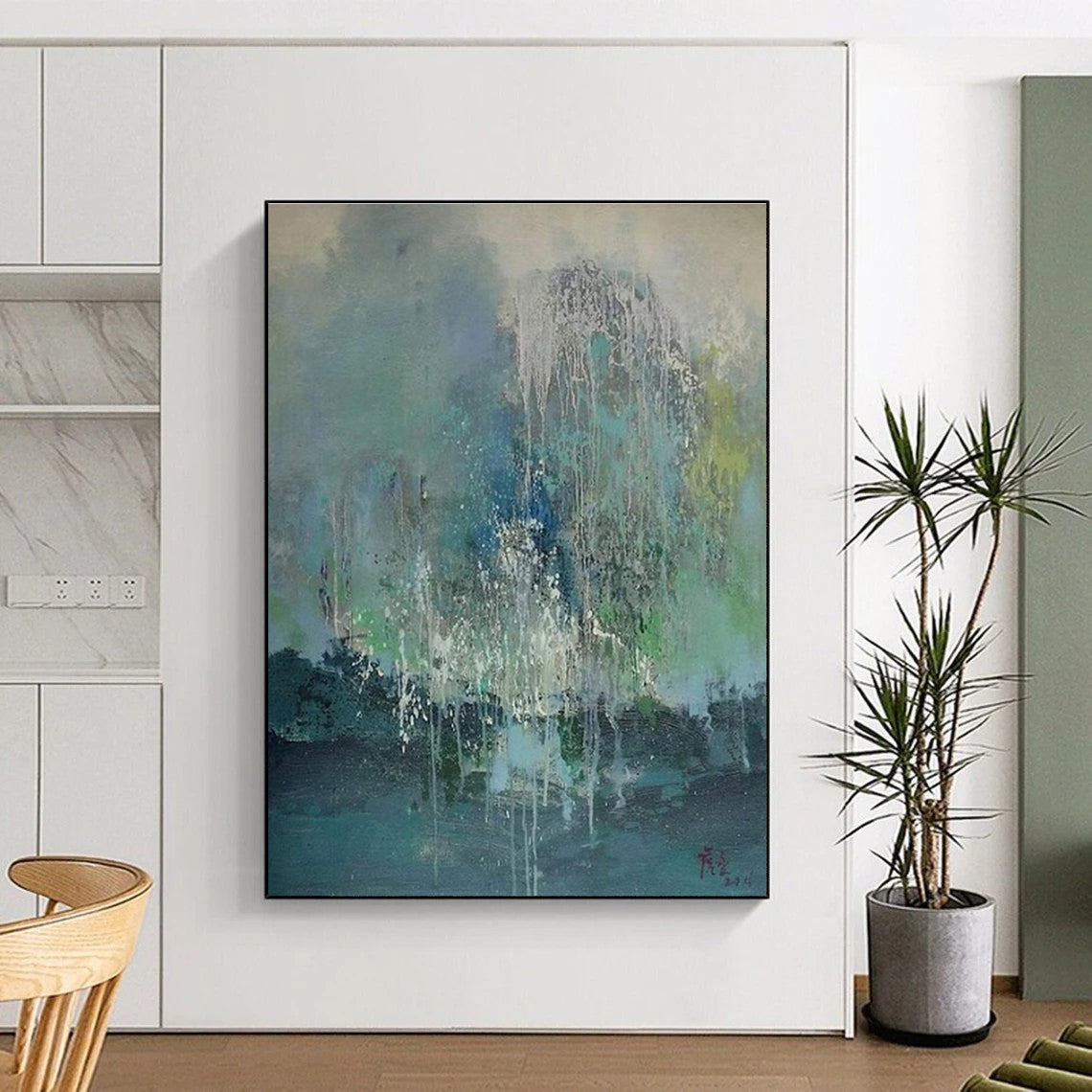“Waterfall Of Colors” - Blue, Green, White Abstract Drip Painting On Canvas PS0638