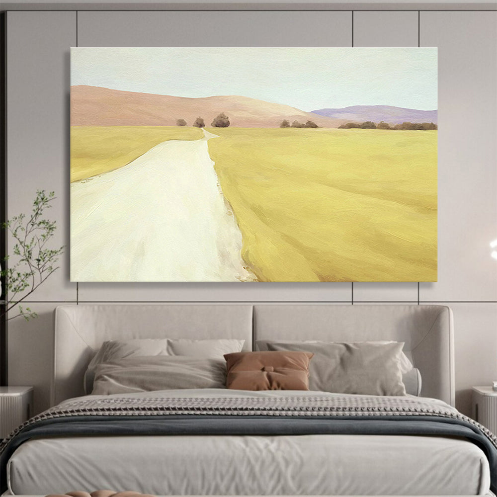 “Golden Field Path” - Yellow, Brown & Purple Landscape, Realist Oil Painting On Canvas DKS742