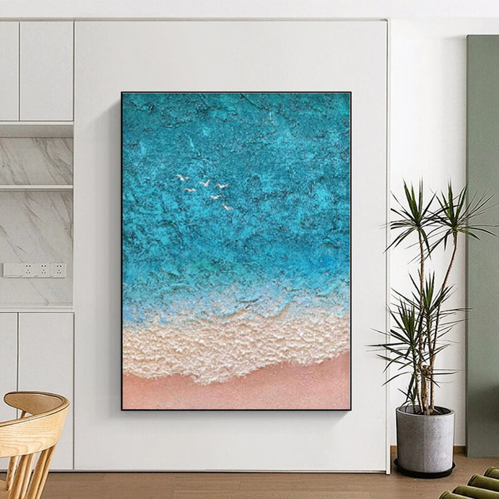 “Turquoise - Beige Seaside Aerial” - Turquoise, Beige, White Abstract Aerial Seaside Painting On Canvas PS0563