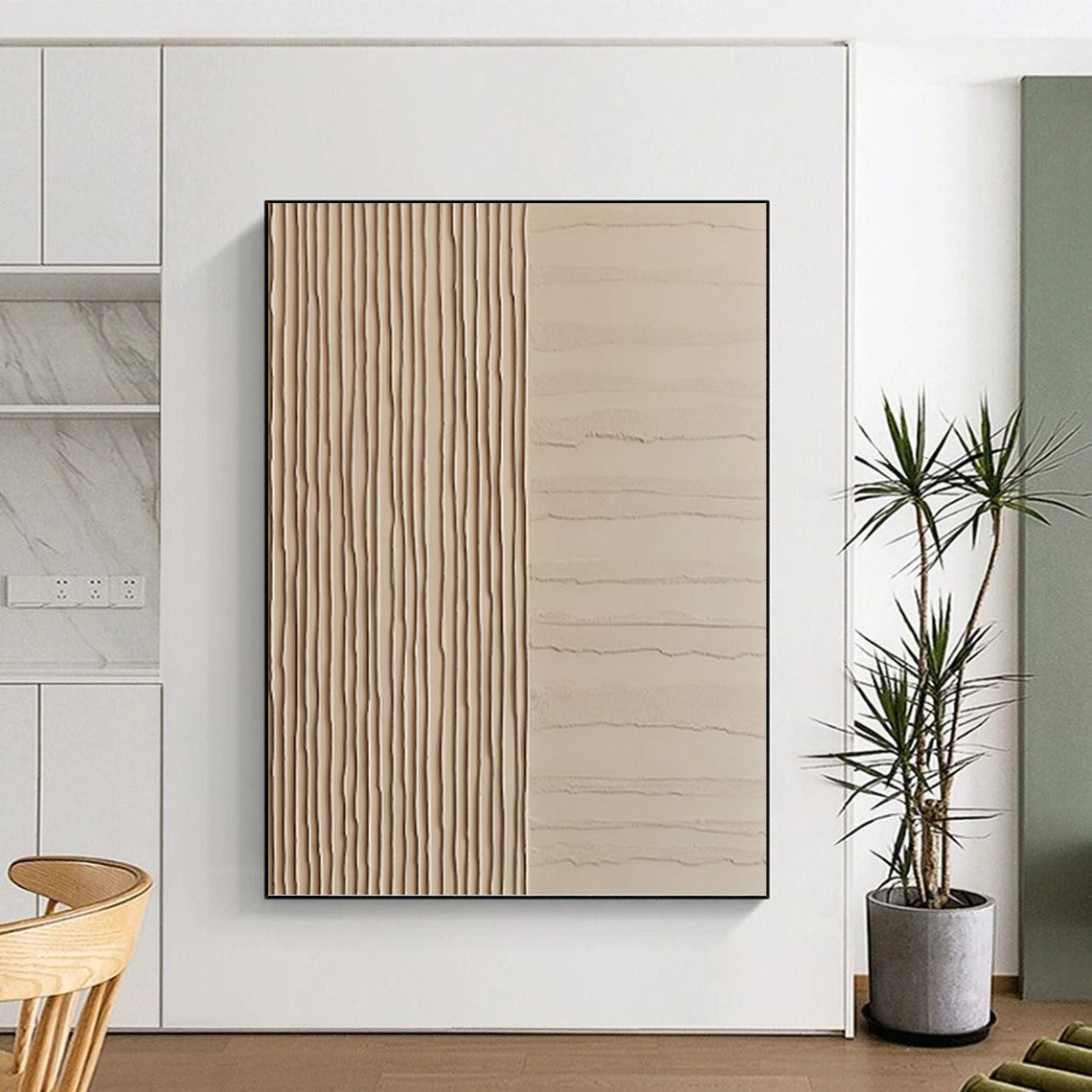 “Dual - Textured Beige Harmony” - Beige, Linear & Wavy Abstract Painting On Canvas PT1478