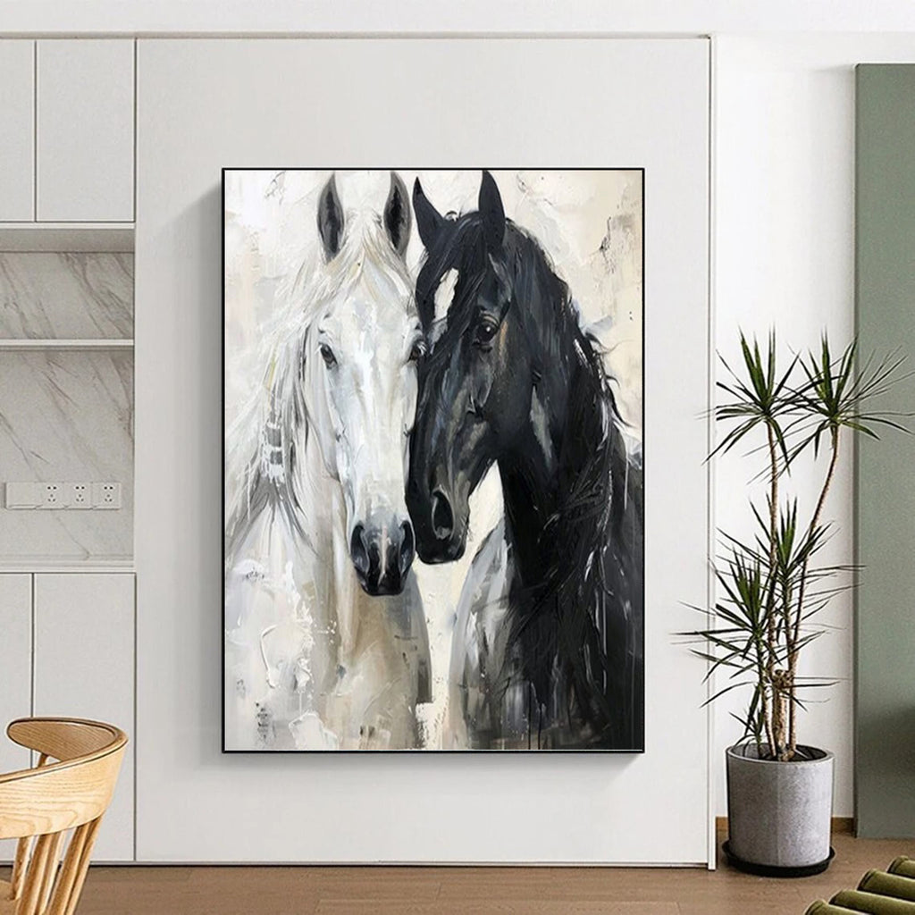 “Black - White Horses Impasto” - Impressionist - Inspired Animal Painting On Canvas PT1401