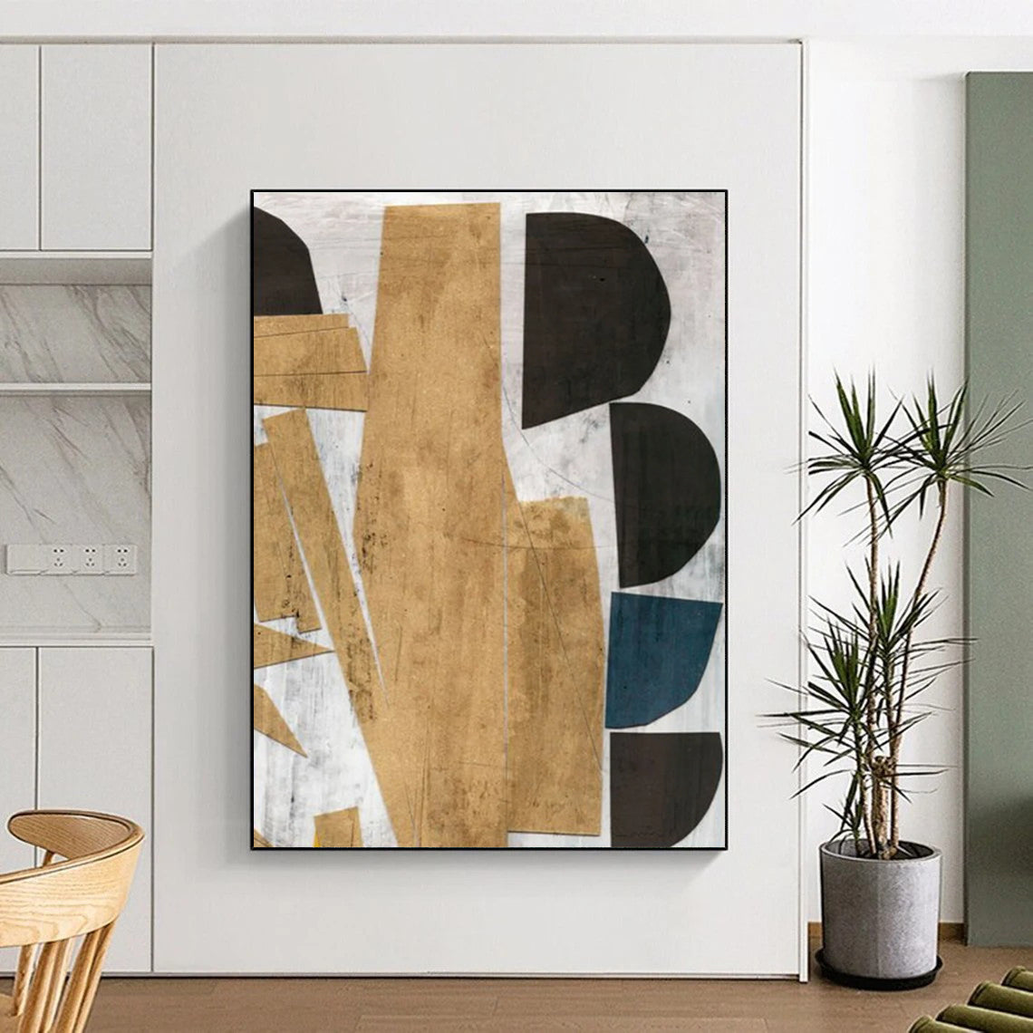 “Geometric Gold & Black Collage” - Mixed Media Shapes with Earthy Tones Painting On Canvas DS216