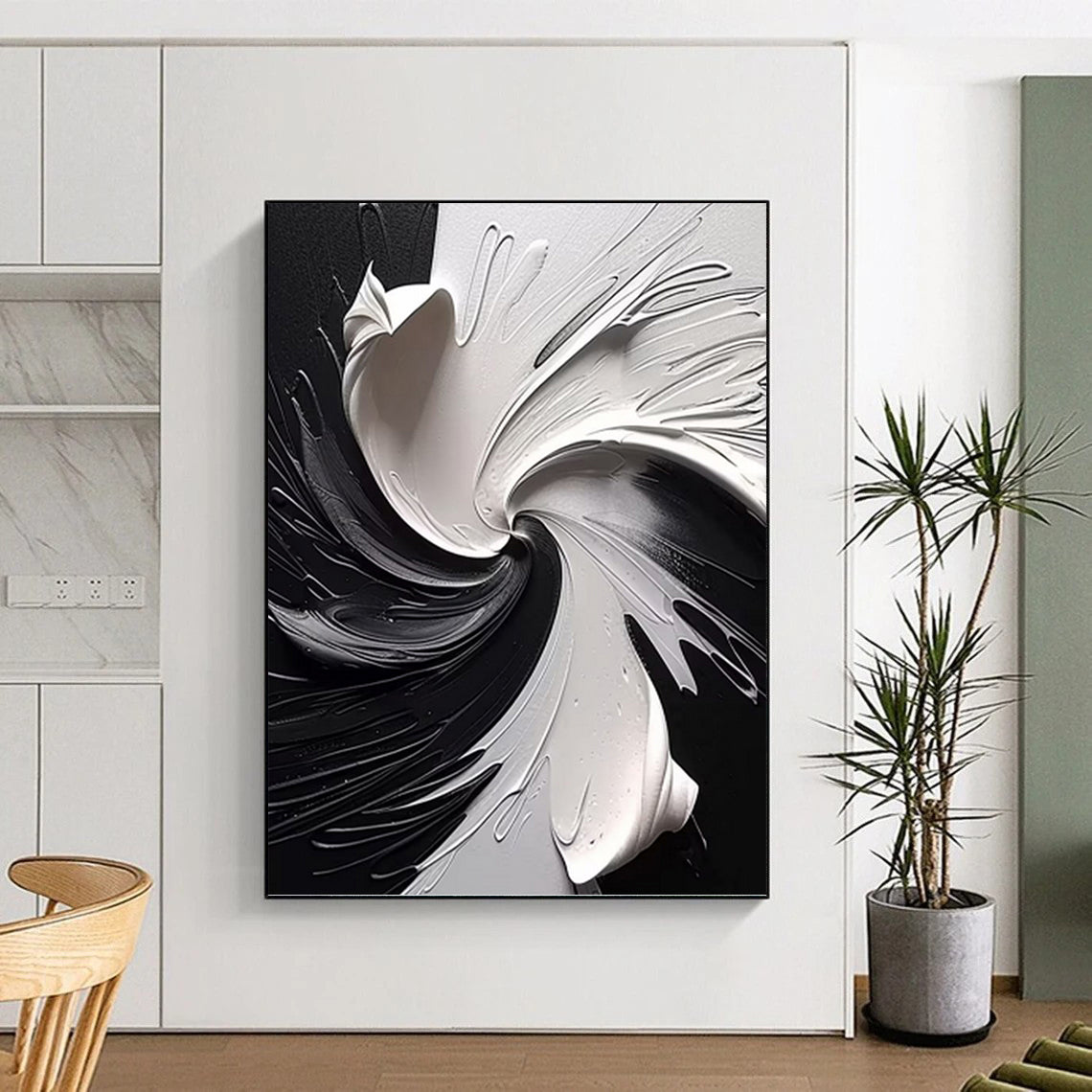 “Black & White Swirling Abstraction” - Dramatic, Monochrome Painting On Canvas PT1474