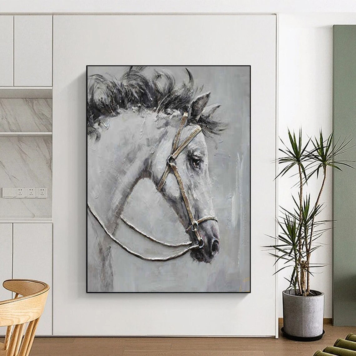 “Gray Horse with Bridle” - Textured Oil Painting On Canvas PT2179