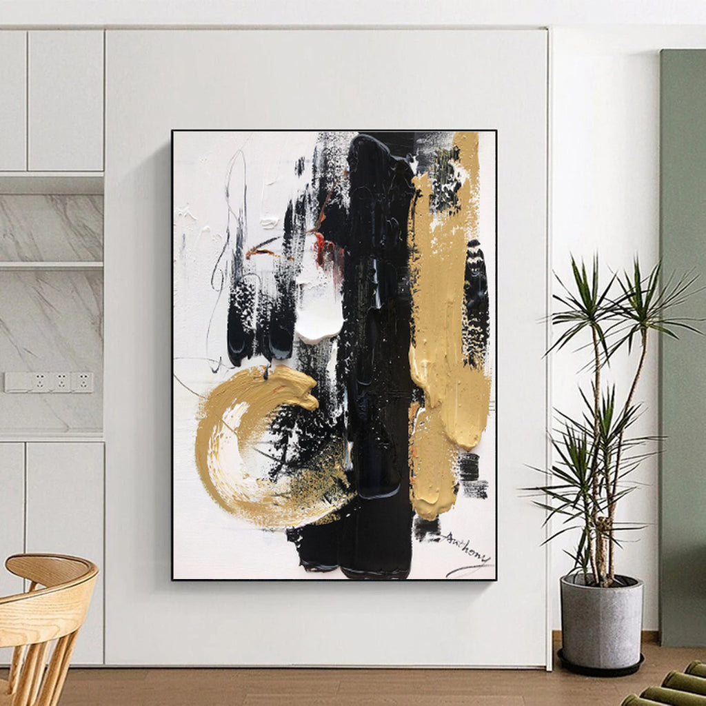 “Black - Gold Opulent Strokes” - Black, Gold, White Abstract Painting On Canvas PS0509