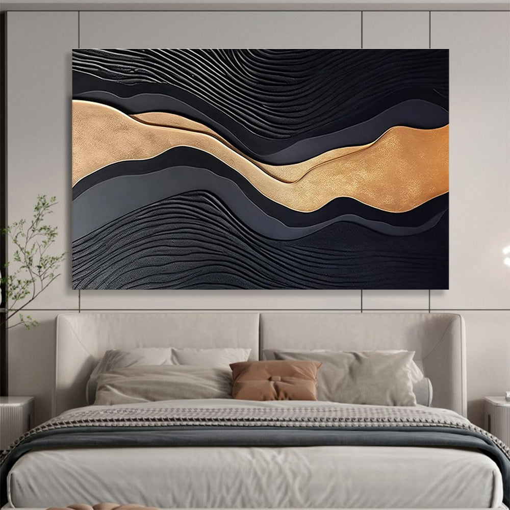 Black and Gold Textured Waves Contemporary Abstract Painting On Canvas DKS149