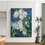 White Roses with Green, "Blurred Blooms" – Impressionistic Floral On Canvas PS0892