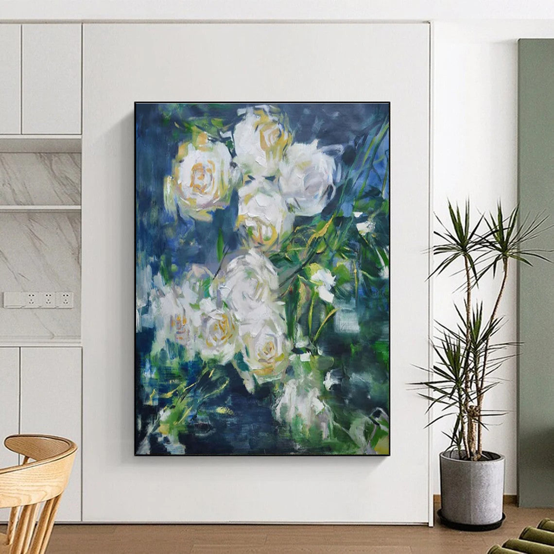 White Roses with Green, "Blurred Blooms" – Impressionistic Floral On Canvas PS0892
