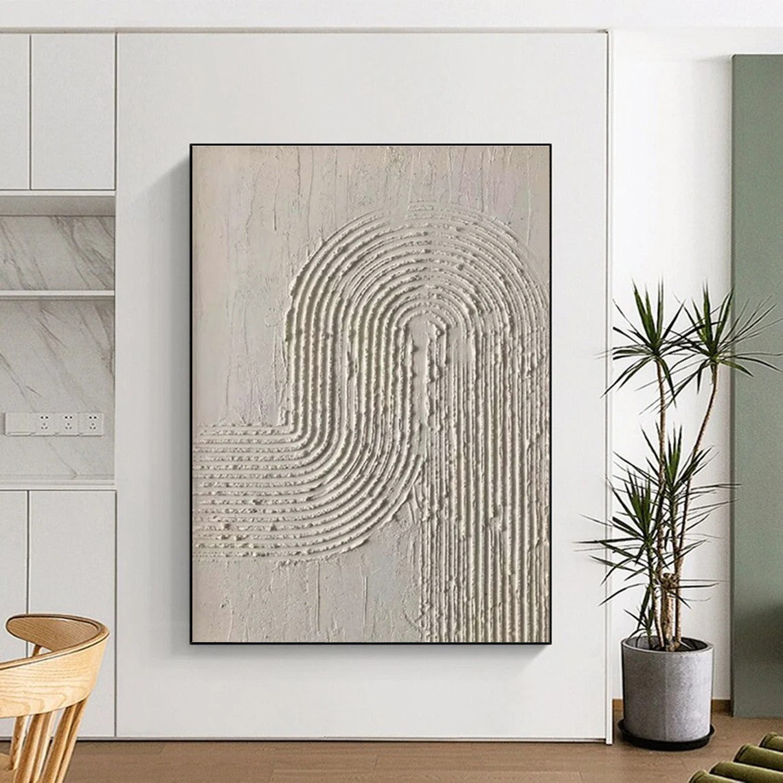 “Textured White Curved Lines” - White, Light - colored Abstract Textured Painting PS0596